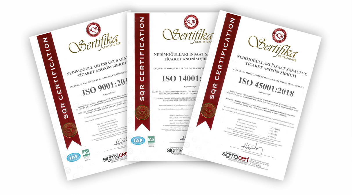 Nedimoğulları İnşaat Olarak ISO 9001, ISO 14001 VE ISO 45001 Belgelerimizi Aldık.